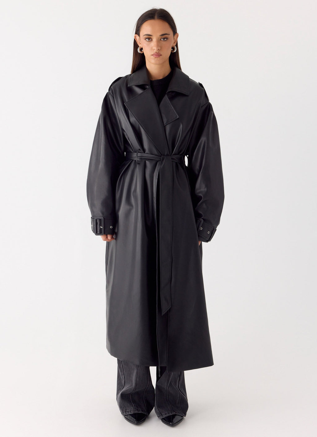 Out On The Town Faux Leather Midi Trench - Black
